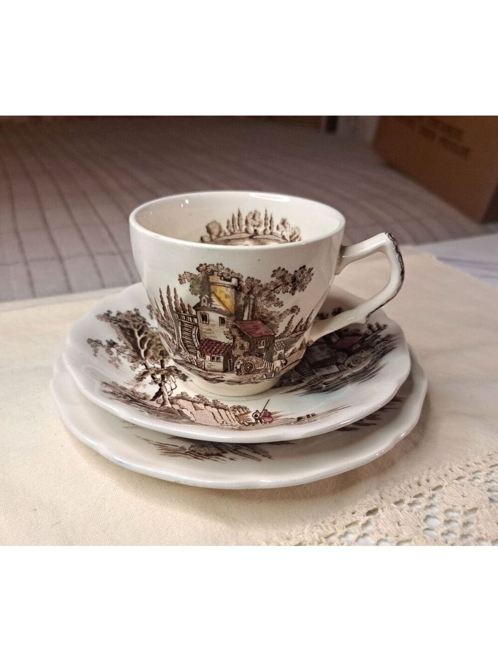 Vtg 3 Pc Johnson Bros "The Old Mill" Brown Ironstone Footed Teacup/Saucer/Plate